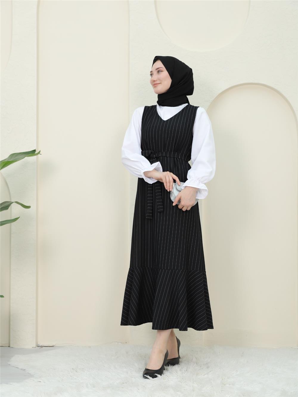 Striped Waist Belted Shirt Gilet Set - Black-349-5063-R01
