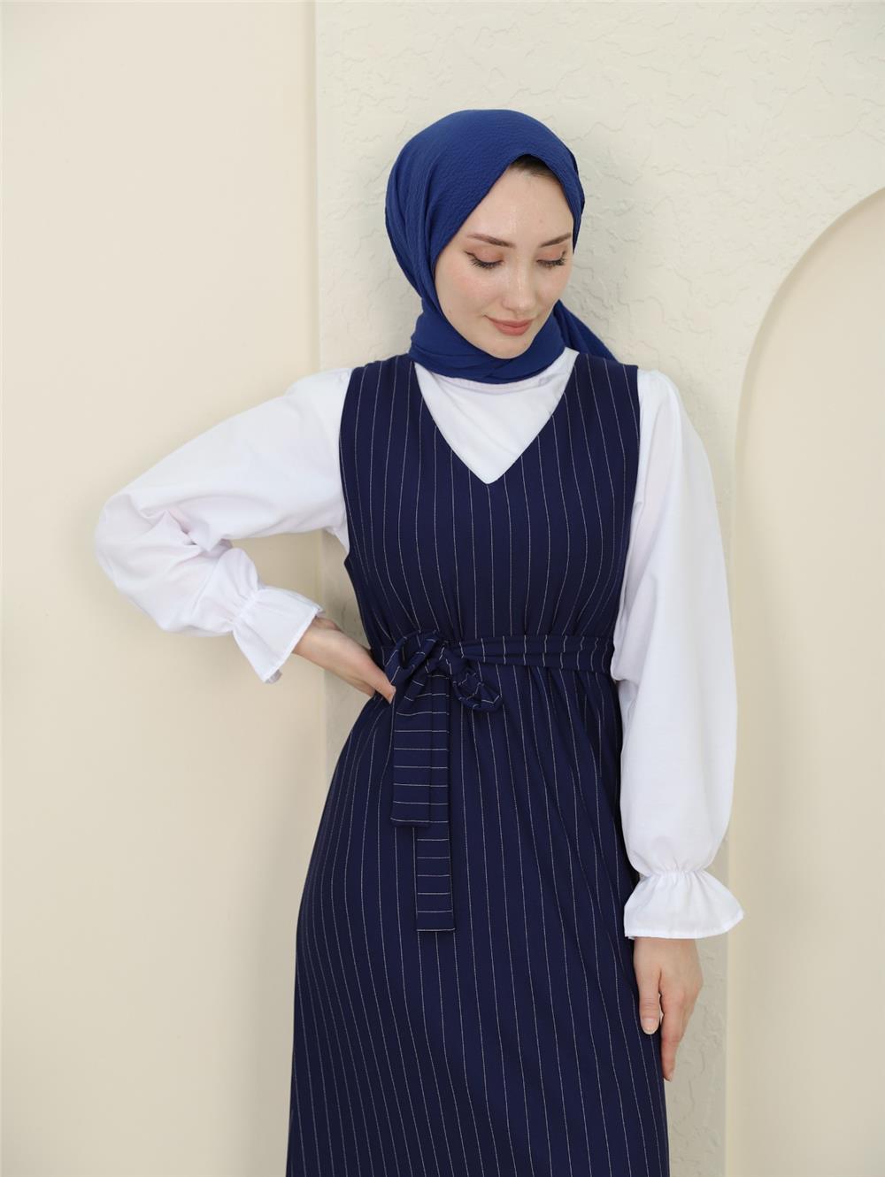 Striped Waist Belted Shirt Gilet Set - Navy Blue-349-5063-R03