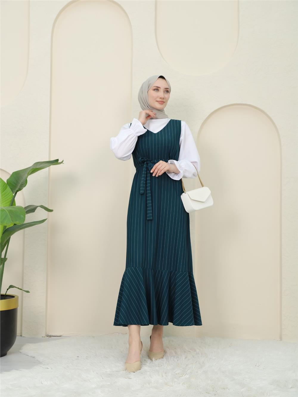 Striped Waist Belted Shirt Gilet Set - Emerald-349-5063-R17