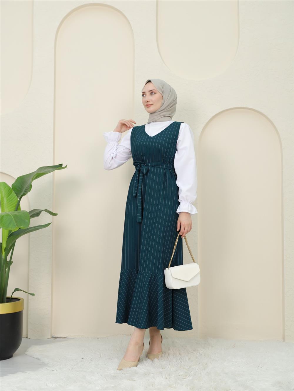 Striped Waist Belted Shirt Gilet Set - Emerald-349-5063-R17