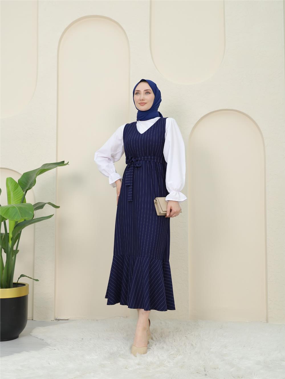 Striped Waist Belted Shirt Gilet Set - Navy Blue-349-5063-R03