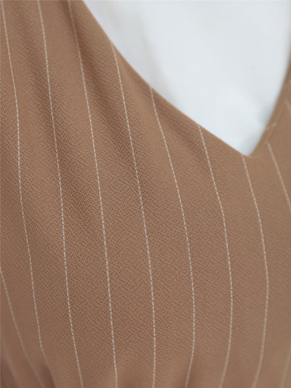 Striped Waist Belted Shirt Gilet Set -Tan-349-5063-R12