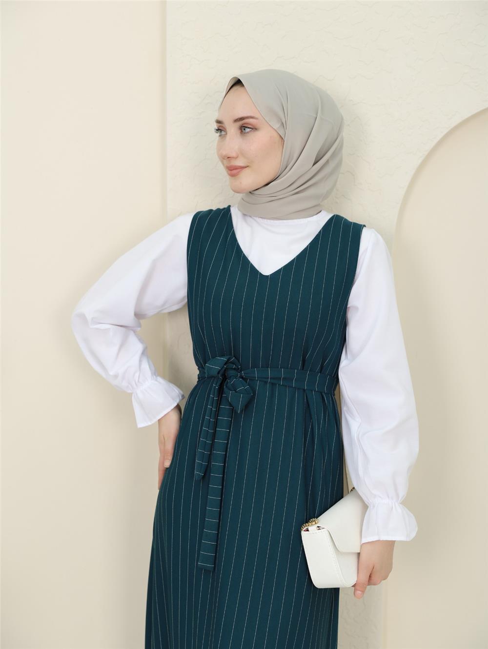 Striped Waist Belted Shirt Gilet Set - Emerald-349-5063-R17