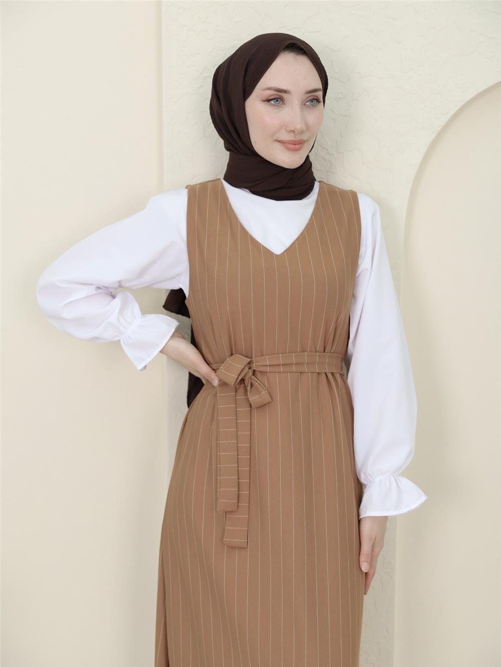Striped Waist Belted Shirt Gilet Set -Tan-349-5063-R12