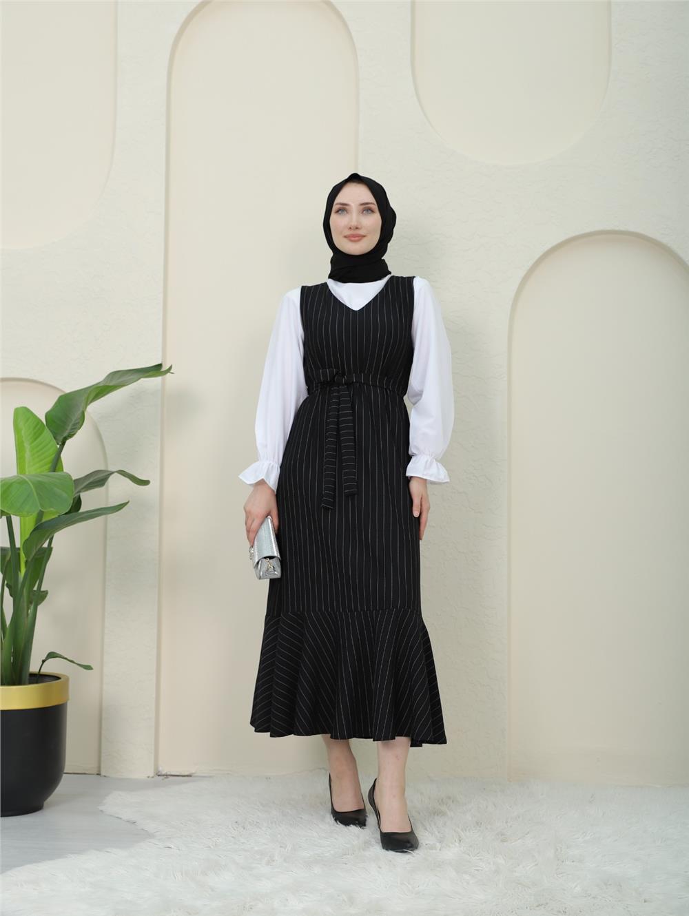Striped Waist Belted Shirt Gilet Set - Black-349-5063-R01