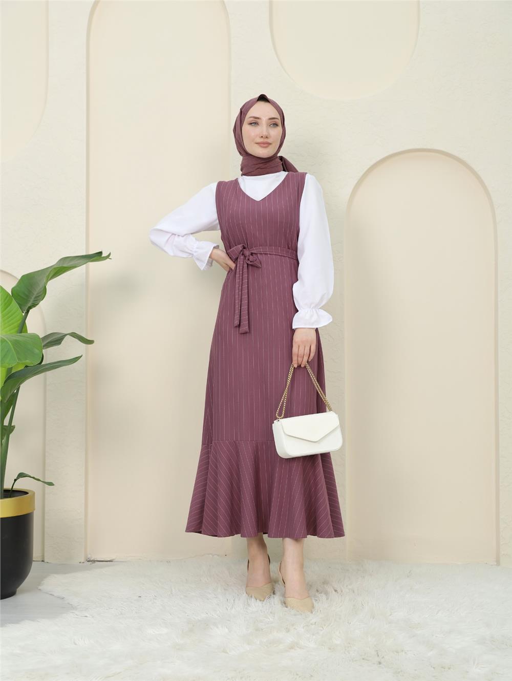 Striped Waist Belted Shirt Gilet Set - Plum-349-5063-R09