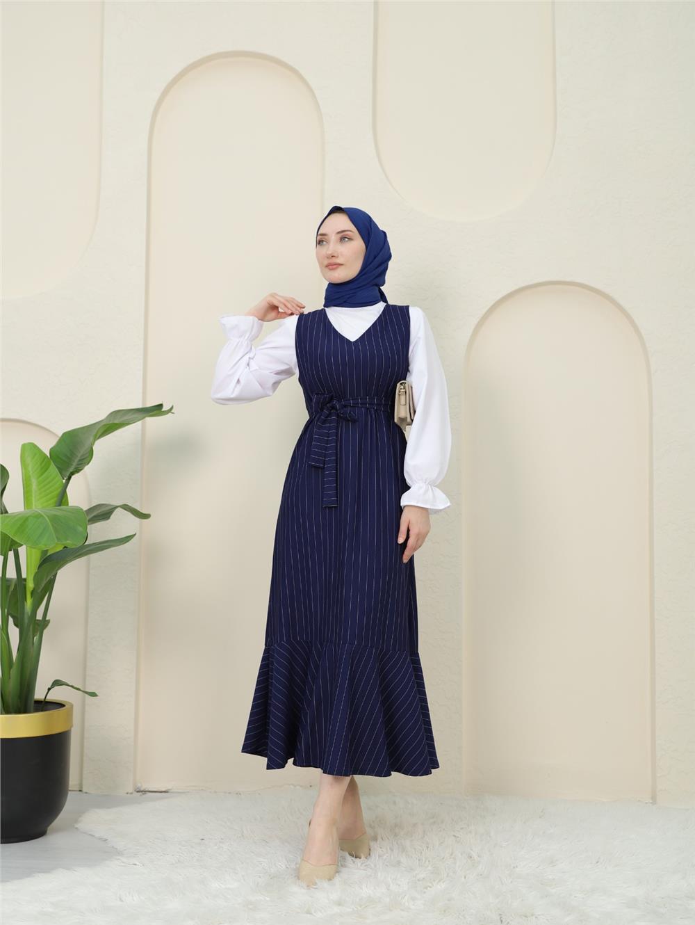 Striped Waist Belted Shirt Gilet Set - Navy Blue-349-5063-R03