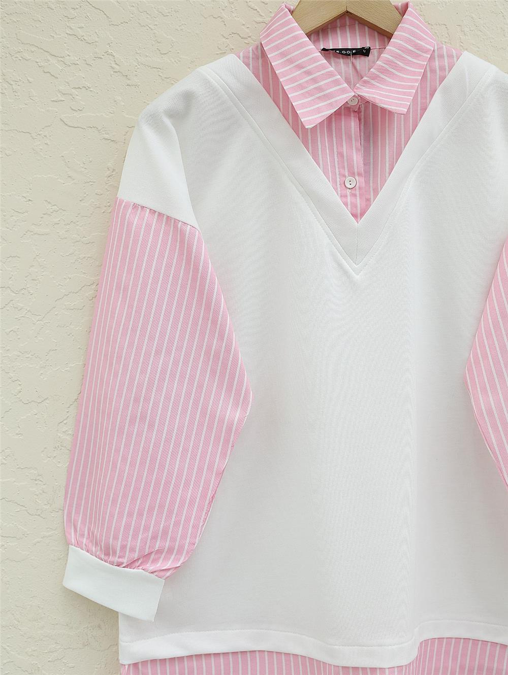 Çizgili Gömlek Detaylı Sweat Tunik -Pembe-349-6037-R20