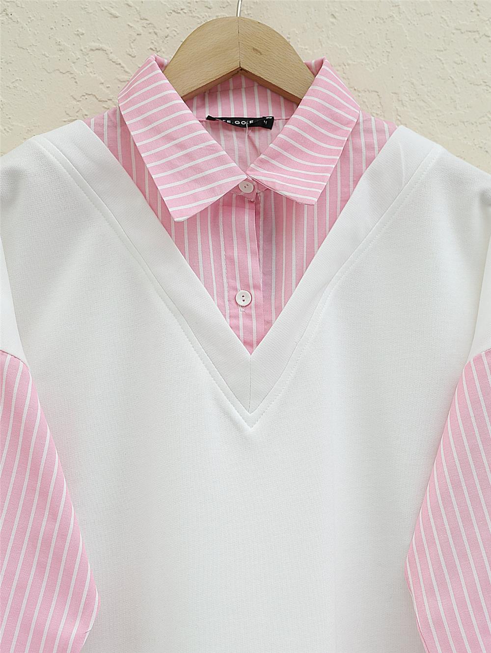 Çizgili Gömlek Detaylı Sweat Tunik -Pembe-349-6037-R20