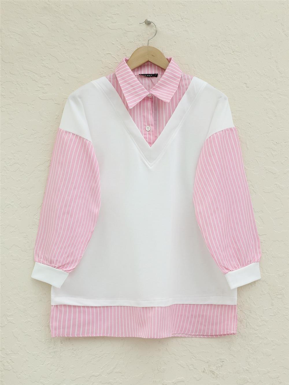 Çizgili Gömlek Detaylı Sweat Tunik -Pembe-349-6037-R20