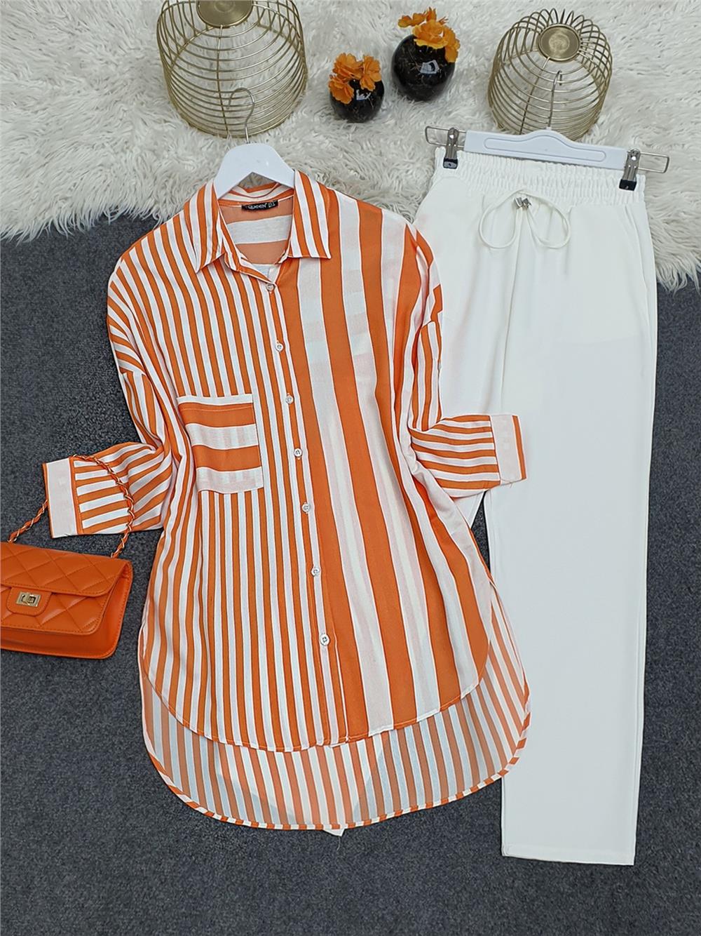 Striped Linen Shirt -Orange-317-1734-R16