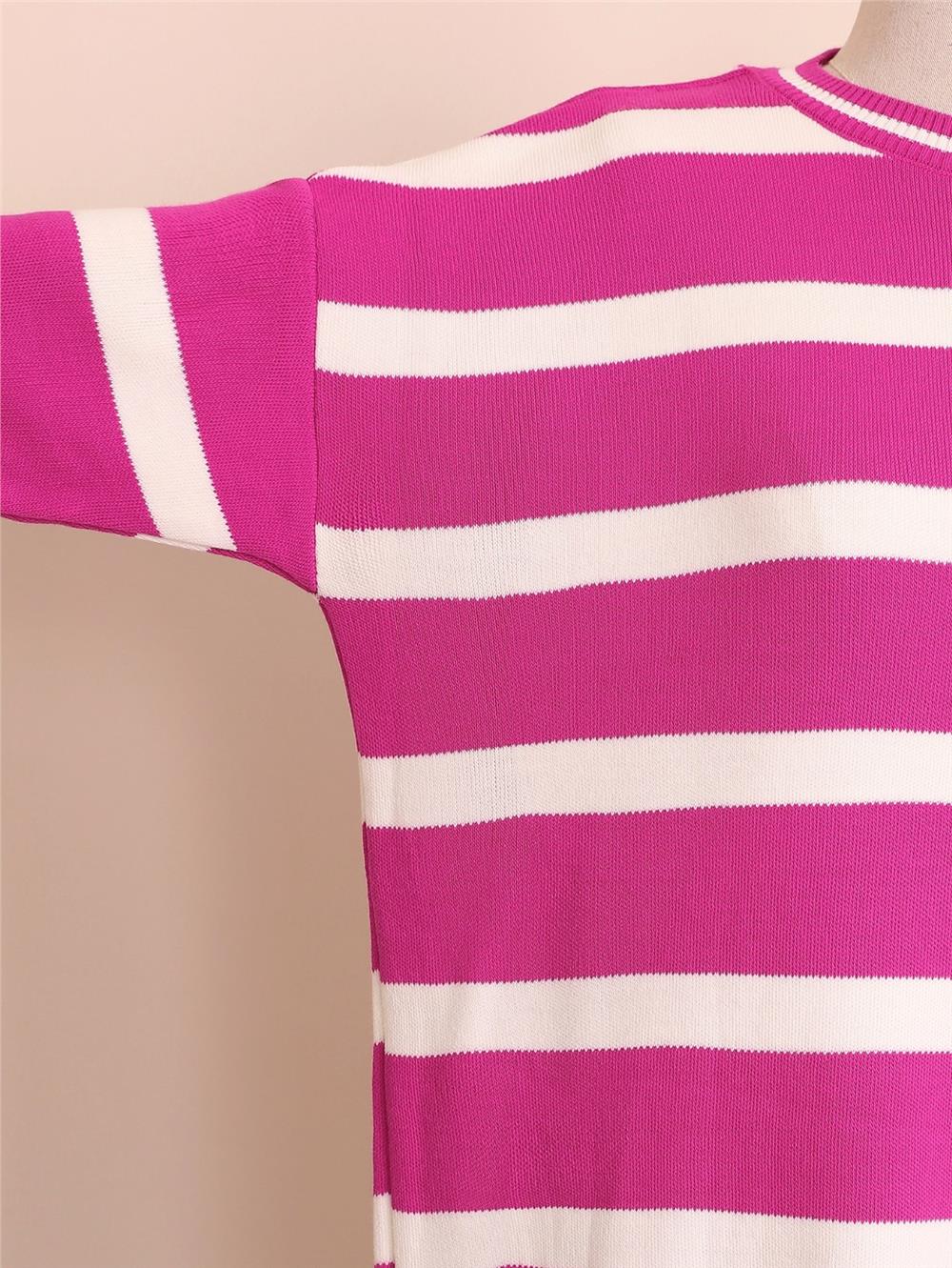 Striped Winter Hijab Knitwear Tunic -Fuchsia-109-9509-R14
