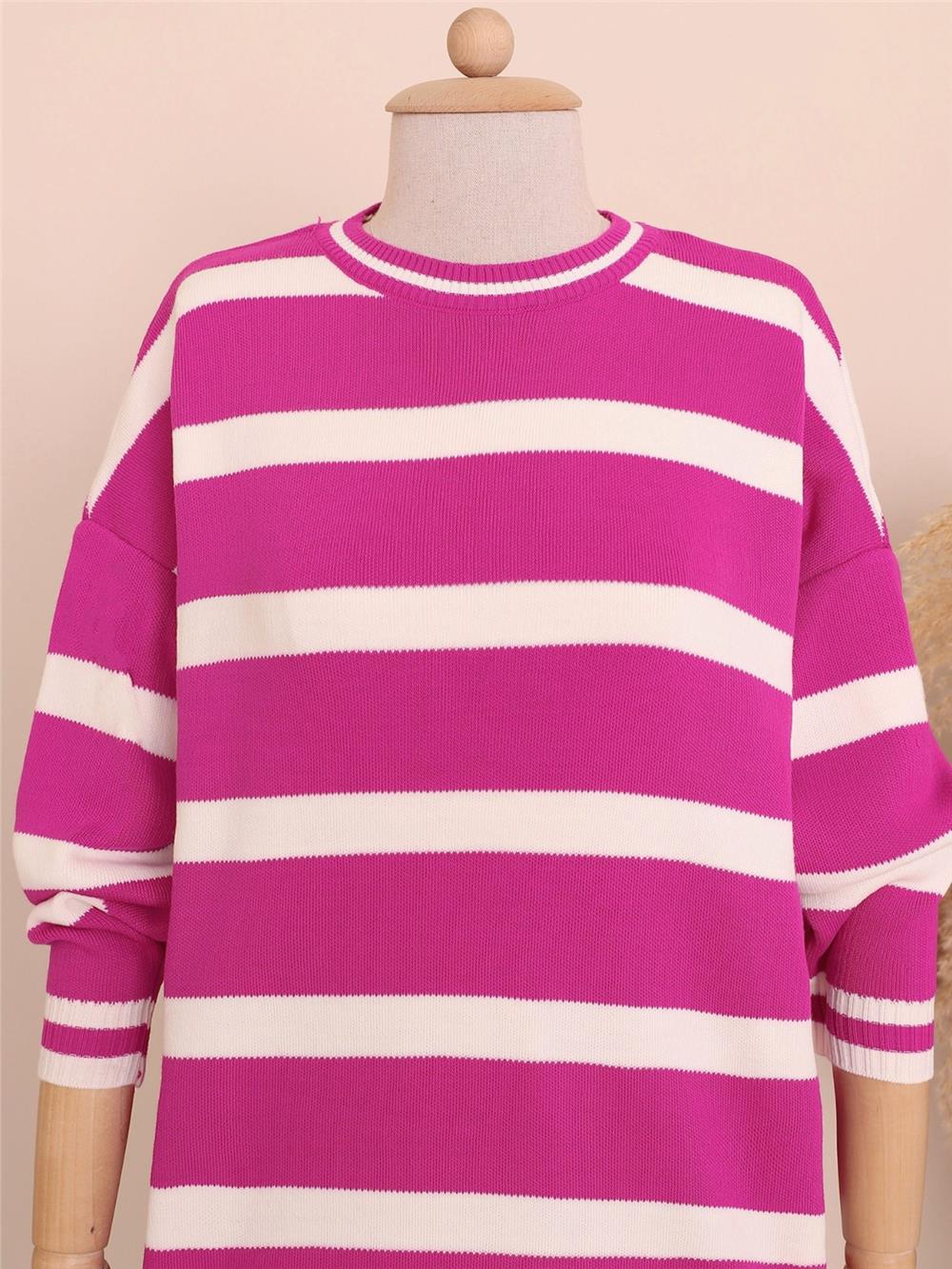 Striped Winter Hijab Knitwear Tunic -Fuchsia-109-9509-R14