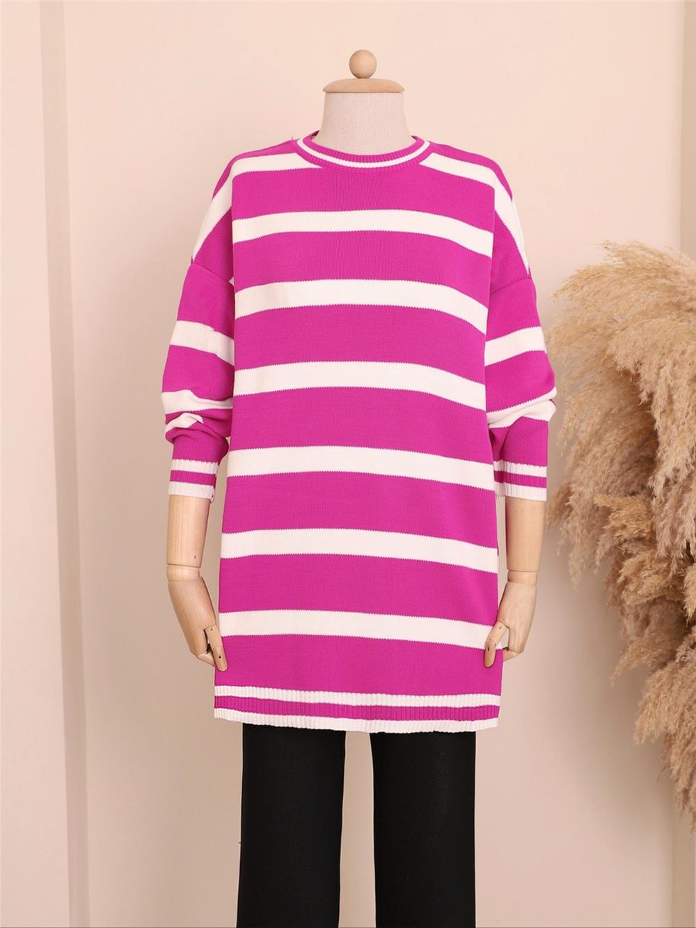 Striped Winter Hijab Knitwear Tunic -Fuchsia-109-9509-R14