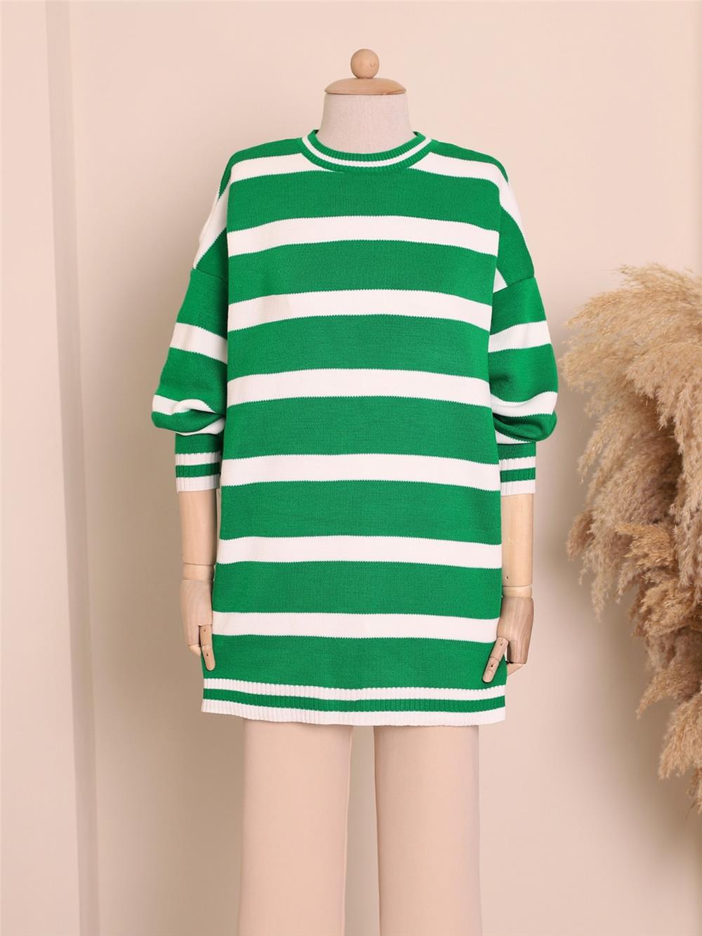 Striped Winter Hijab Knitwear Tunic -Green-109-9509-R35