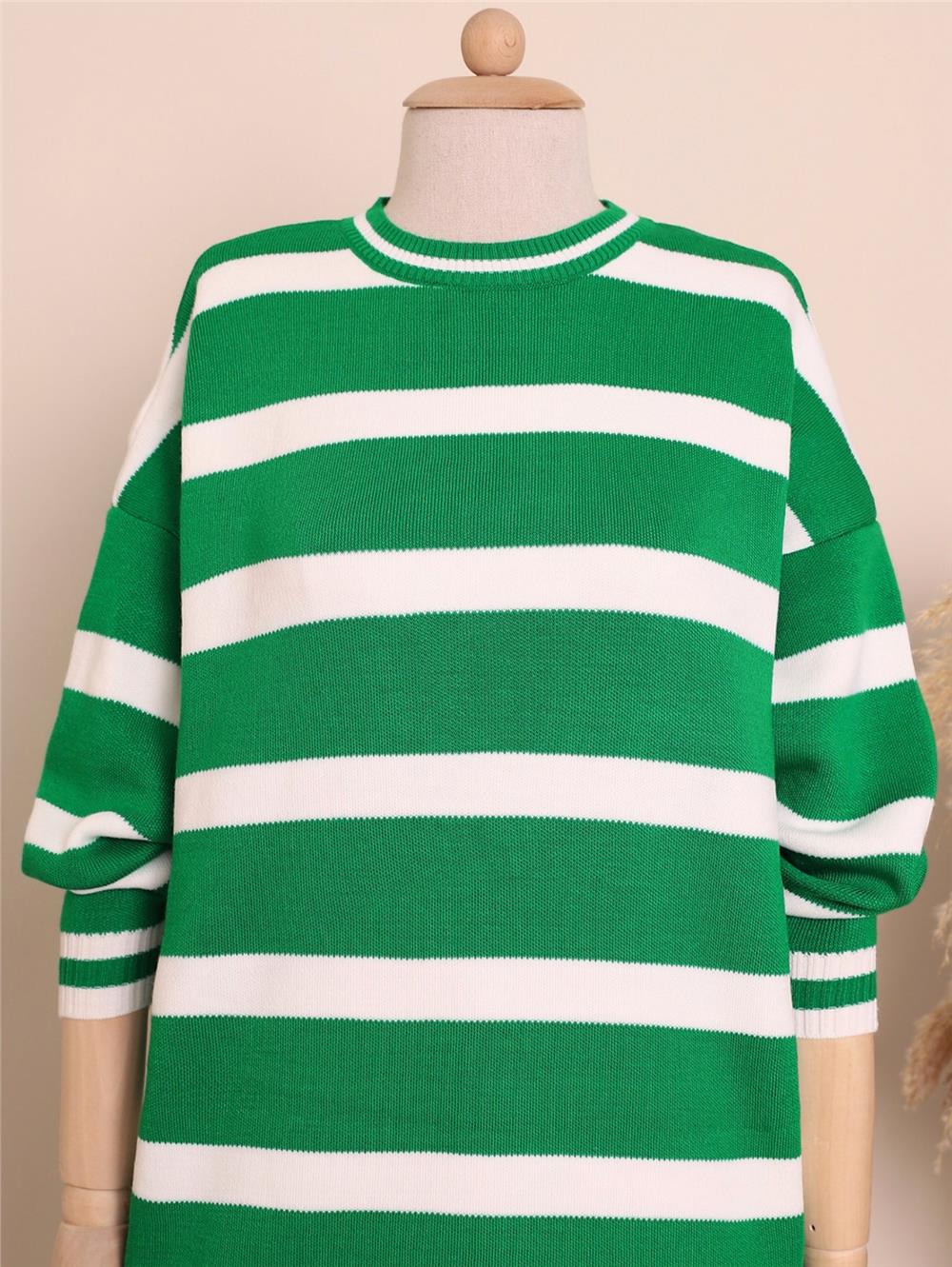 Striped Winter Hijab Knitwear Tunic -Green-109-9509-R35