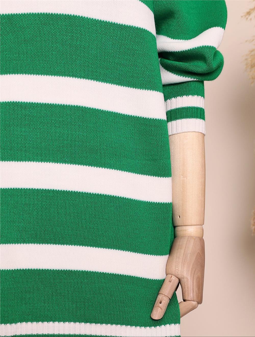 Striped Winter Hijab Knitwear Tunic -Green-109-9509-R35