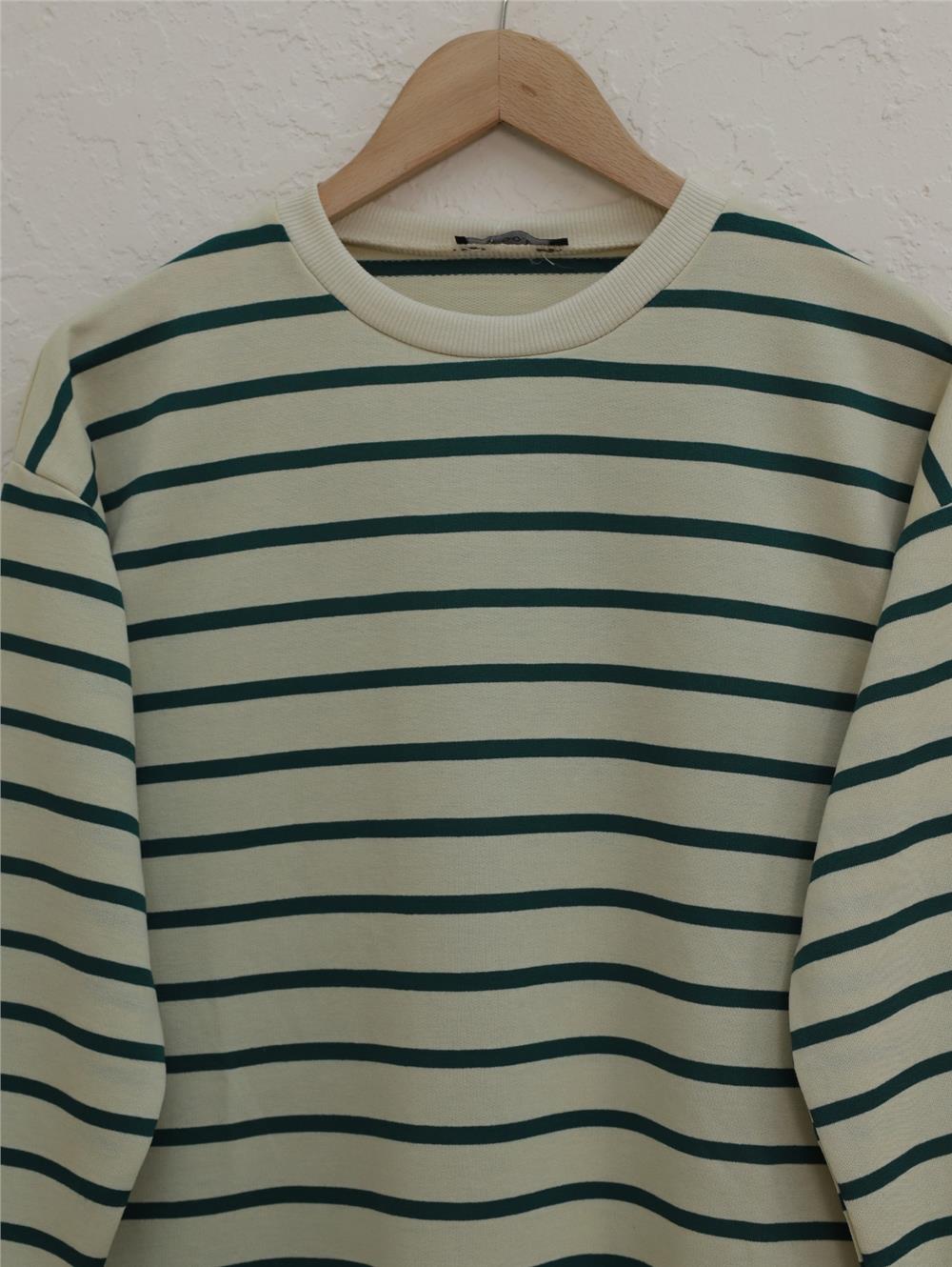 Striped Sleeves Ribbed Skirt Open Wortex Sweat - Green-349-4096-R35