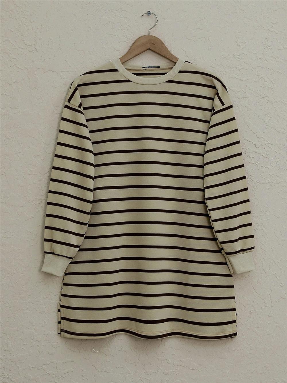 Striped Sleeves Ribbed Skirt Open Wortex Sweat -Black-349-4096-R01