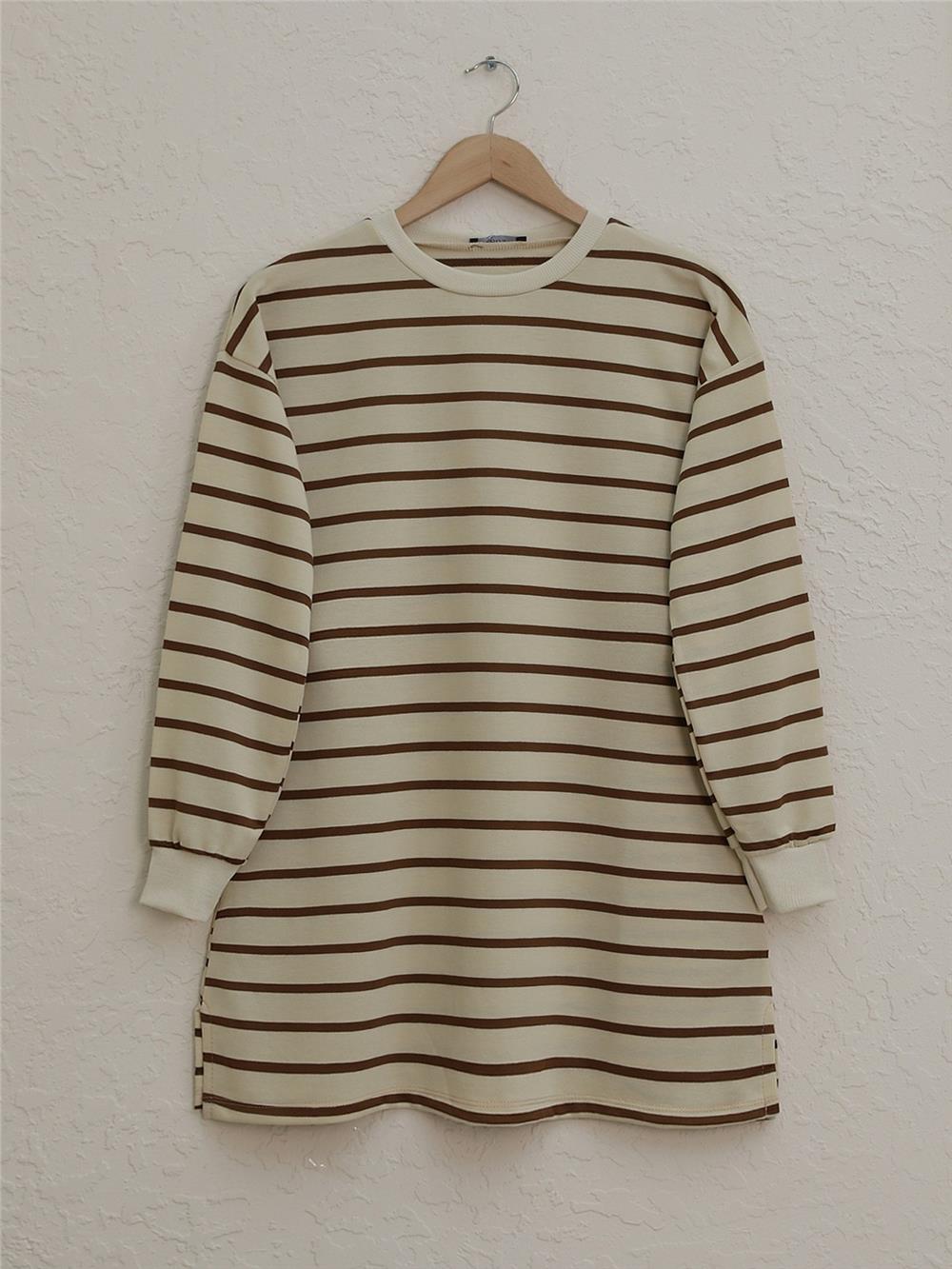 Striped Sleeves Ribbed Skirt Open Wortex Sweat - Brown-349-4096-R15