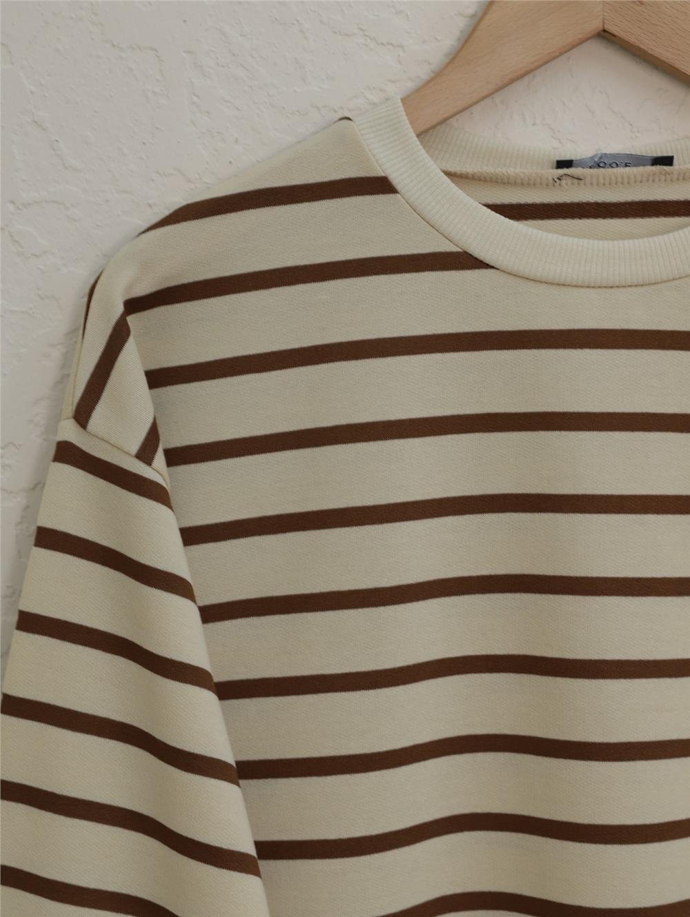 Striped Sleeves Ribbed Skirt Open Wortex Sweat - Brown-349-4096-R15