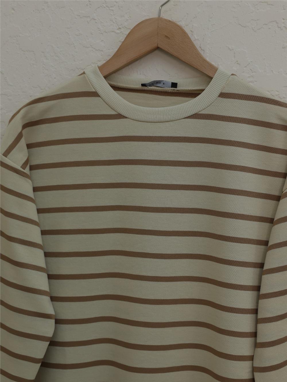 Striped Sleeves Ribbed Skirt Open Wortex Sweat -Mink-349-4096-R23