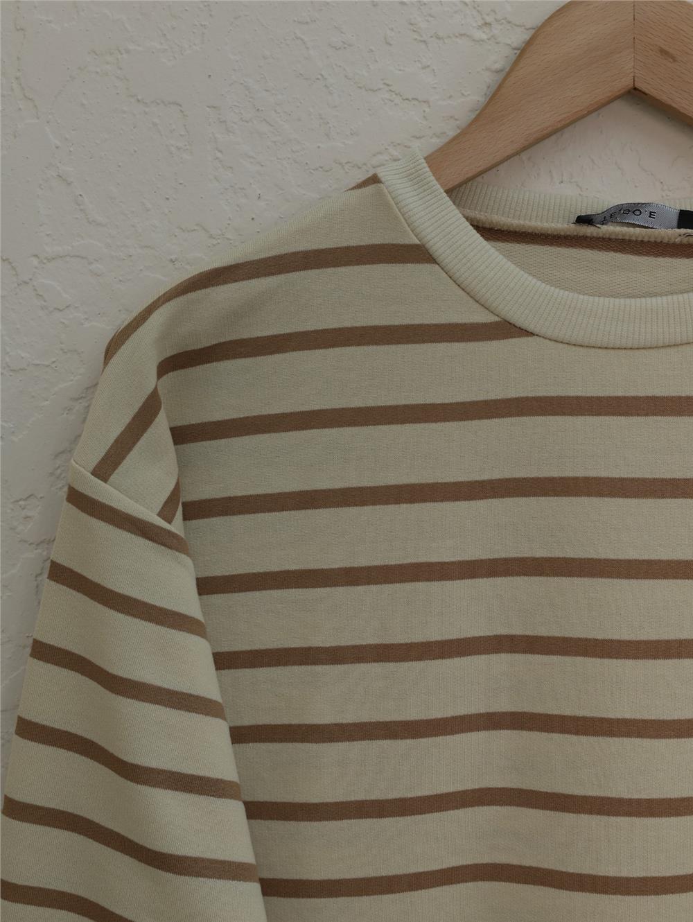 Striped Sleeves Ribbed Skirt Open Wortex Sweat -Mink-349-4096-R23