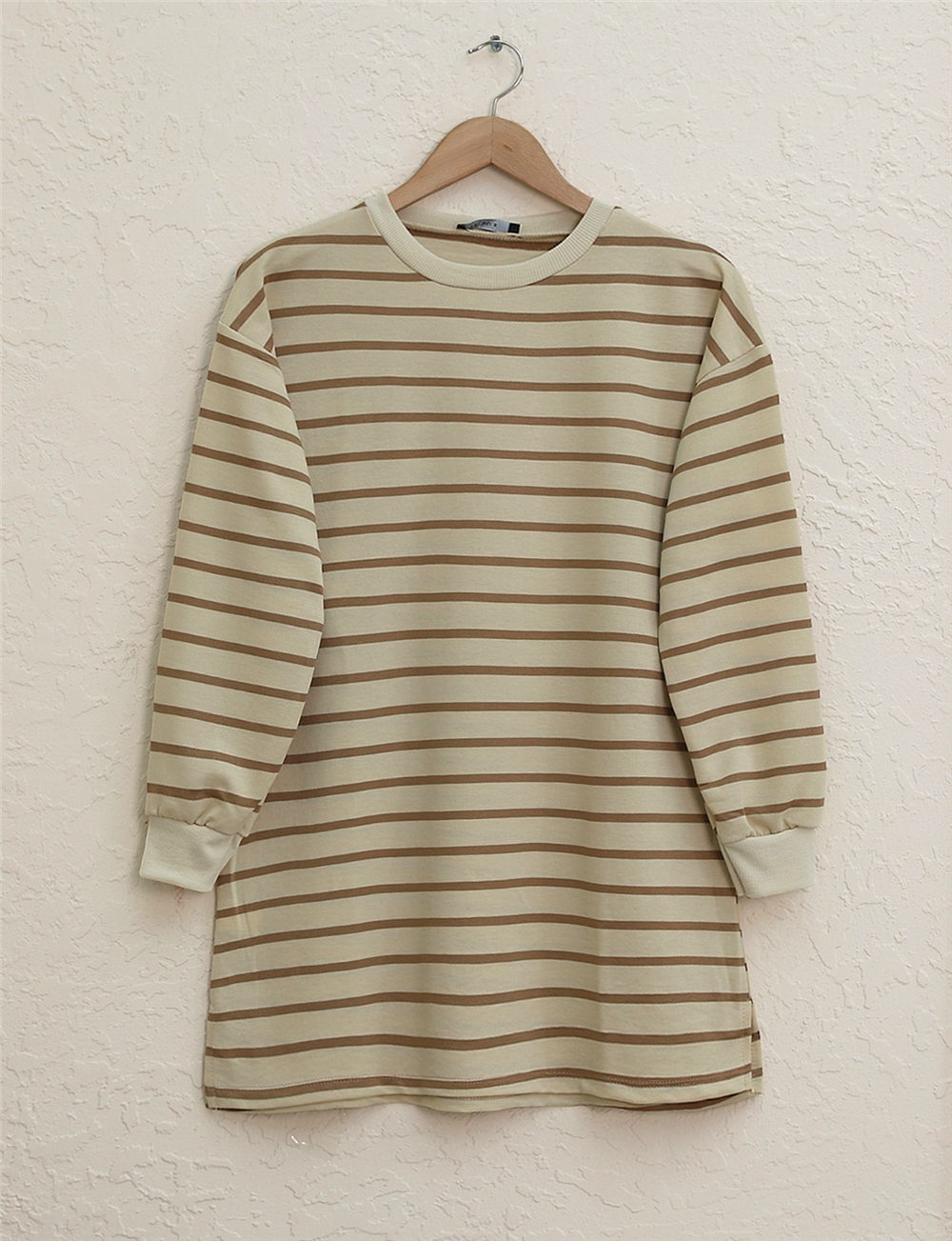 Striped Sleeves Ribbed Skirt Open Wortex Sweat -Mink-349-4096-R23