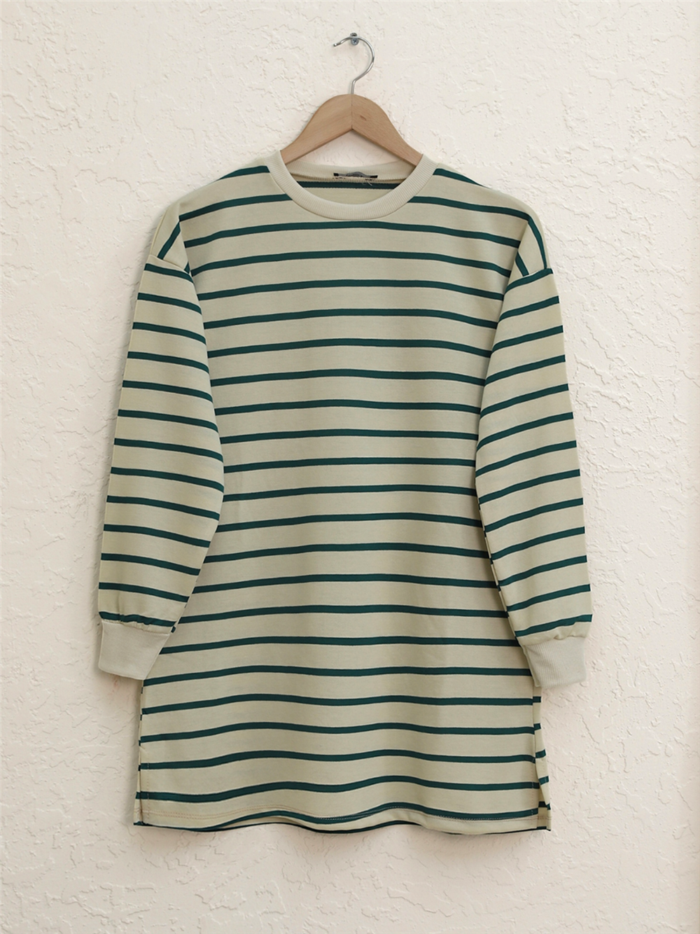 Striped Sleeves Ribbed Skirt Open Wortex Sweat - Green-349-4096-R35
