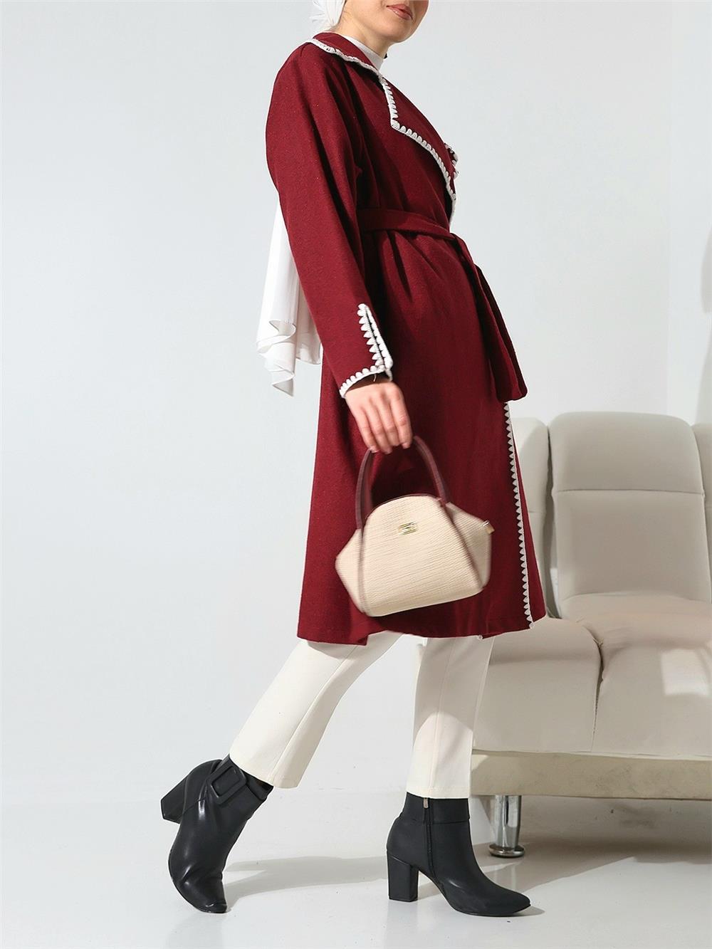 Çoban Dikiş Belden Bağlamalı Kaşe Kaban -Bordo-346-3050-R04