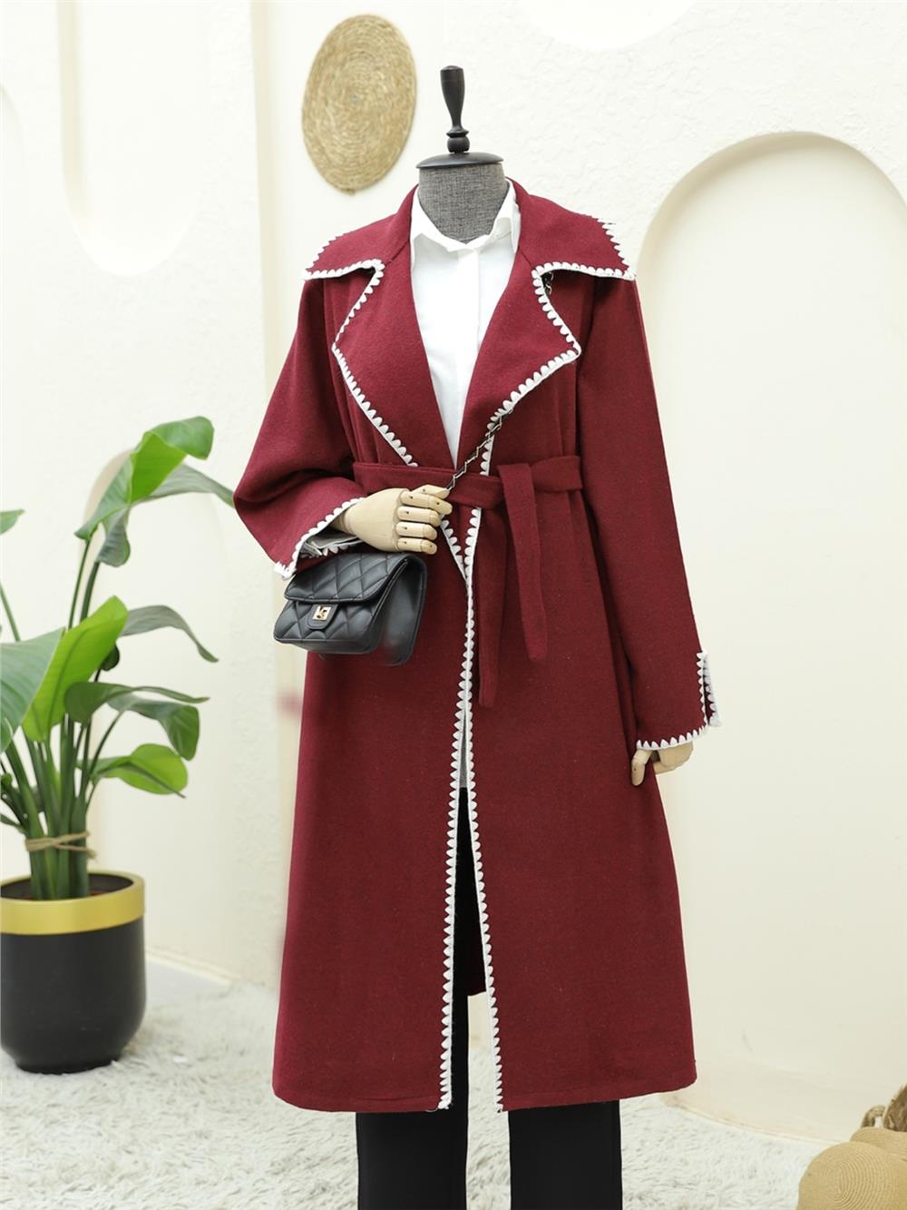 Çoban Dikiş Belden Bağlamalı Kaşe Kaban -Bordo-346-3050-R04