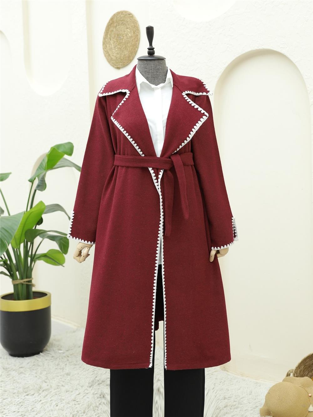 Çoban Dikiş Belden Bağlamalı Kaşe Kaban -Bordo-346-3050-R04