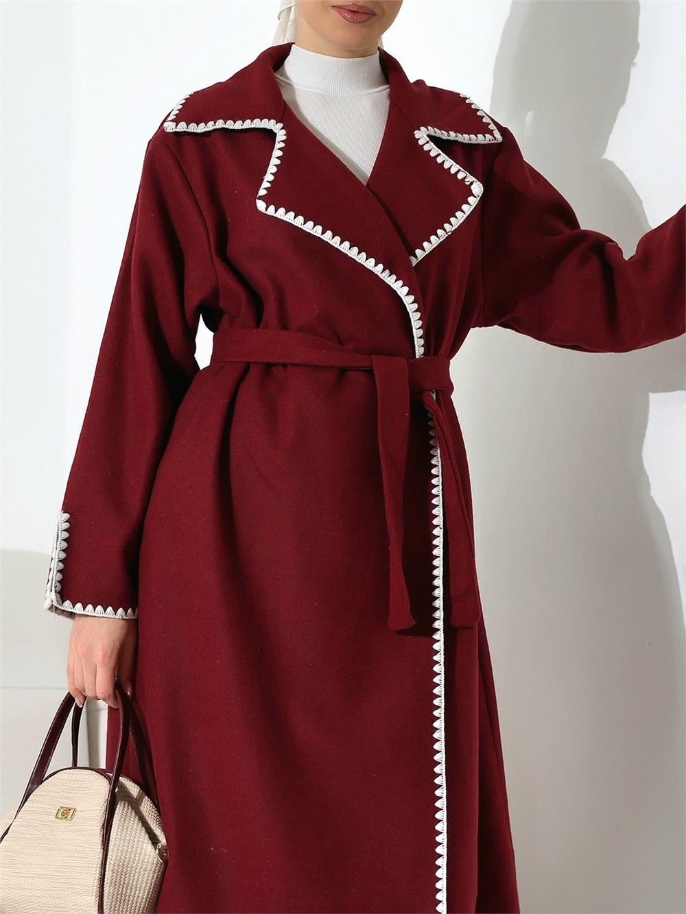 Çoban Dikiş Belden Bağlamalı Kaşe Kaban -Bordo-346-3050-R04
