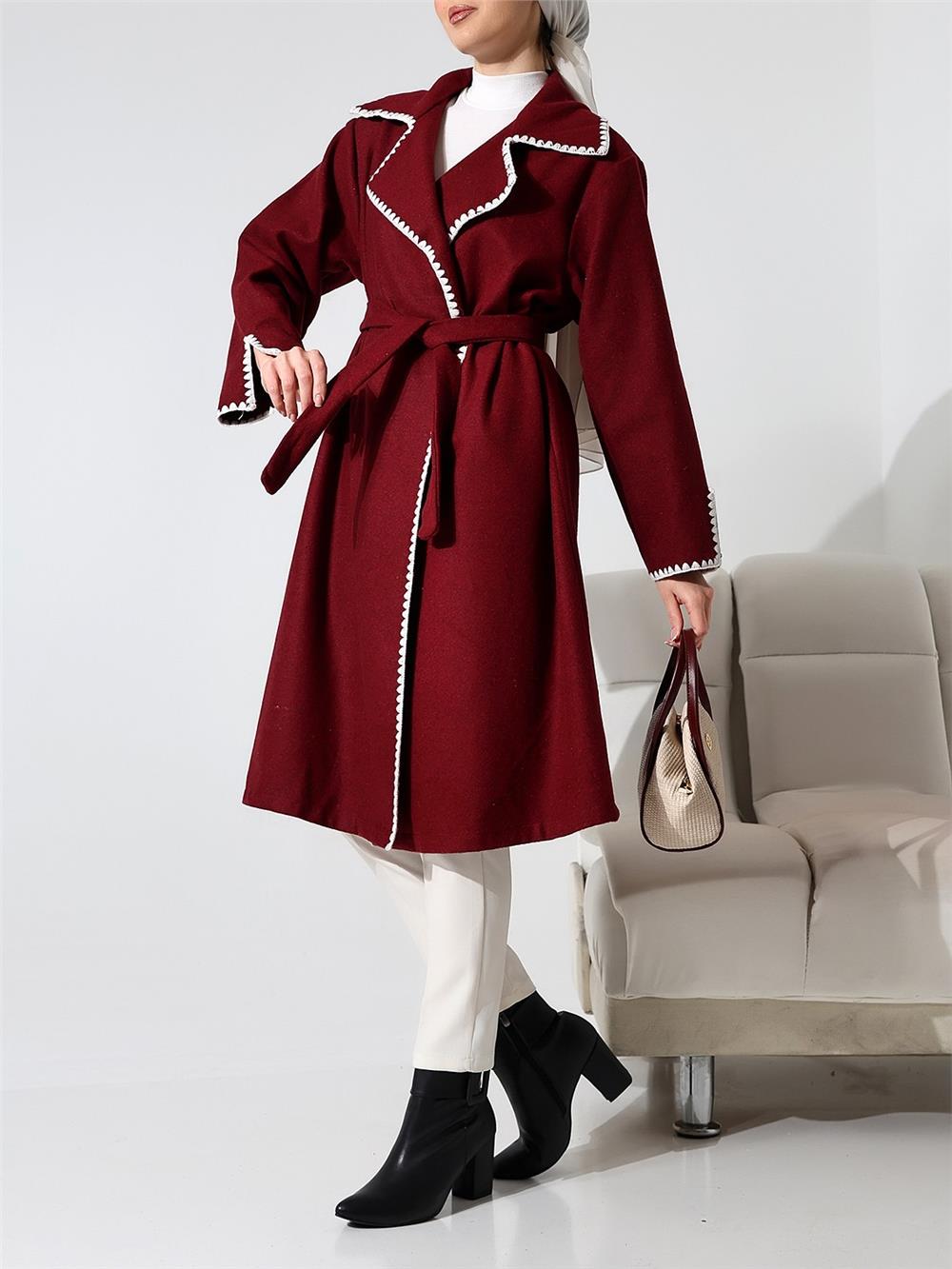 Çoban Dikiş Belden Bağlamalı Kaşe Kaban -Bordo-346-3050-R04