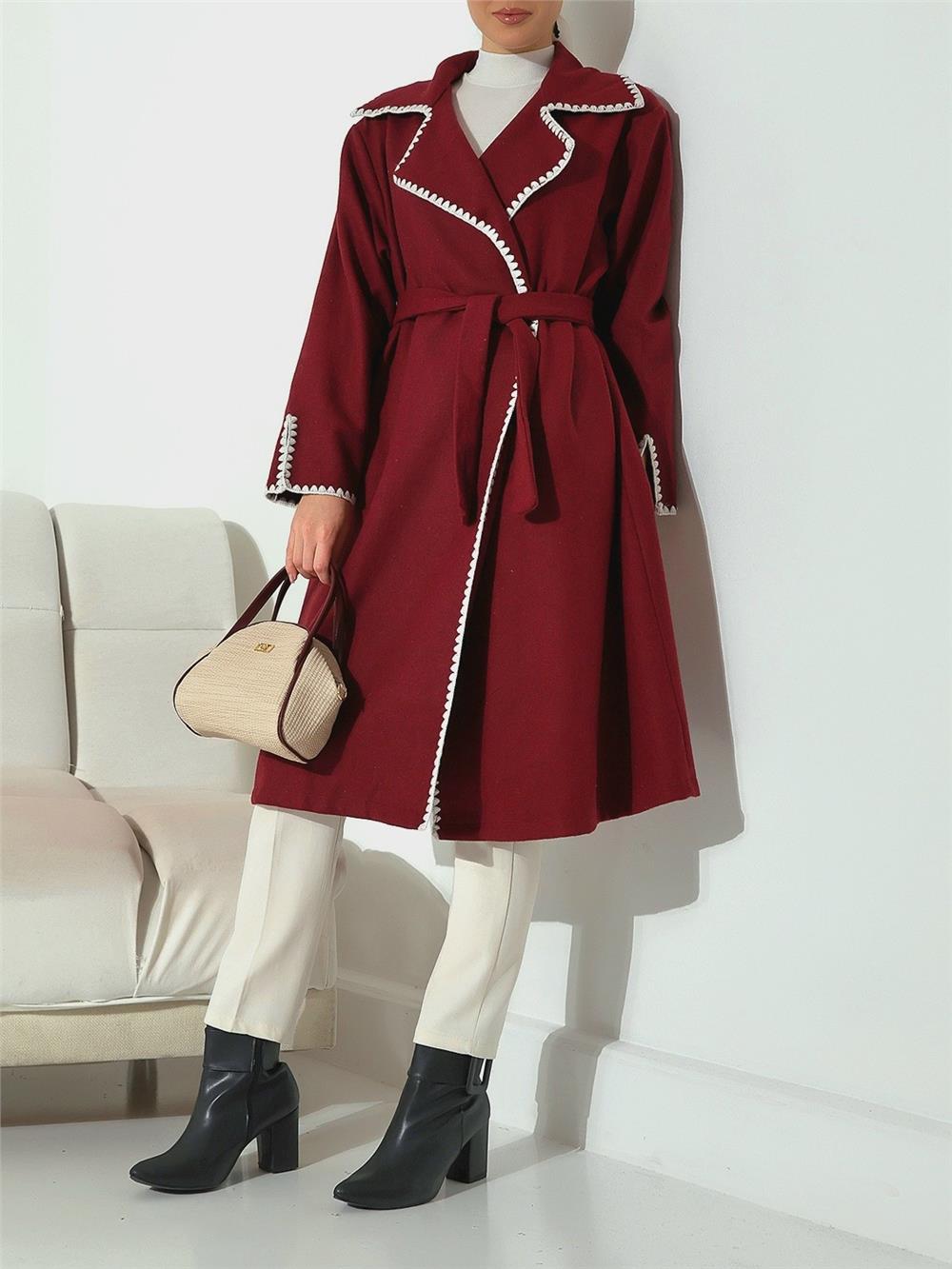 Çoban Dikiş Belden Bağlamalı Kaşe Kaban -Bordo-346-3050-R04
