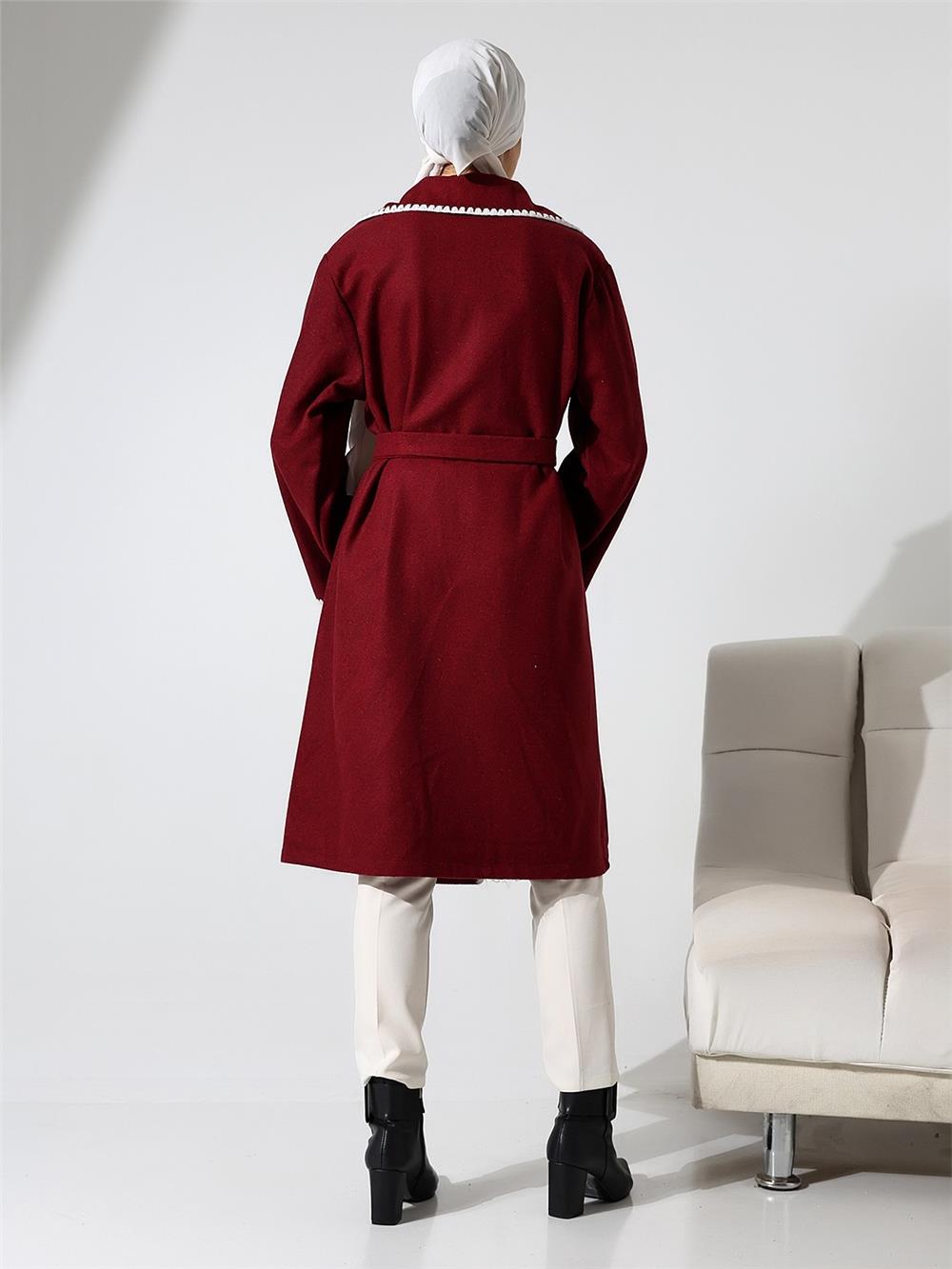 Çoban Dikiş Belden Bağlamalı Kaşe Kaban -Bordo-346-3050-R04