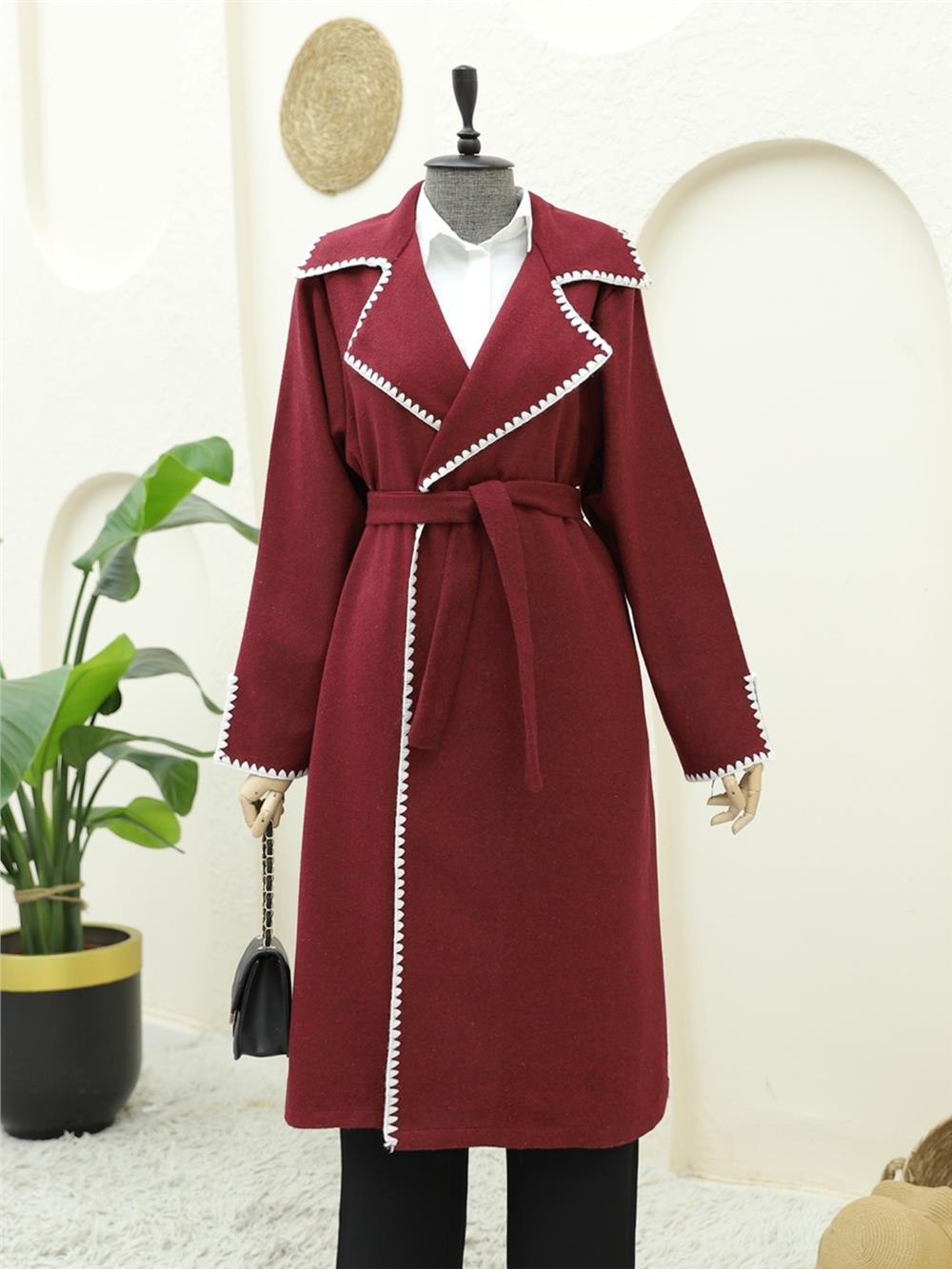 Çoban Dikiş Belden Bağlamalı Kaşe Kaban -Bordo-346-3050-R04