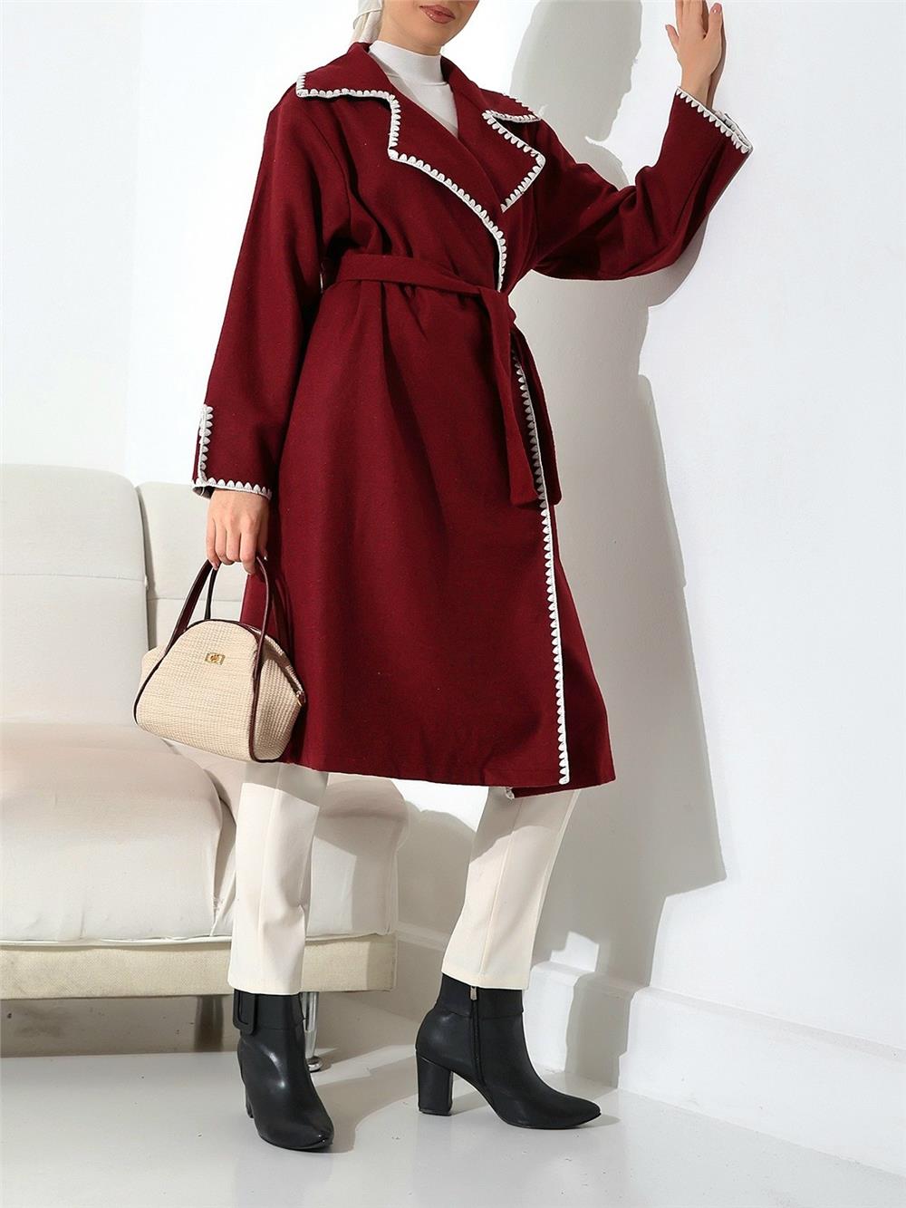 Çoban Dikiş Belden Bağlamalı Kaşe Kaban -Bordo-346-3050-R04