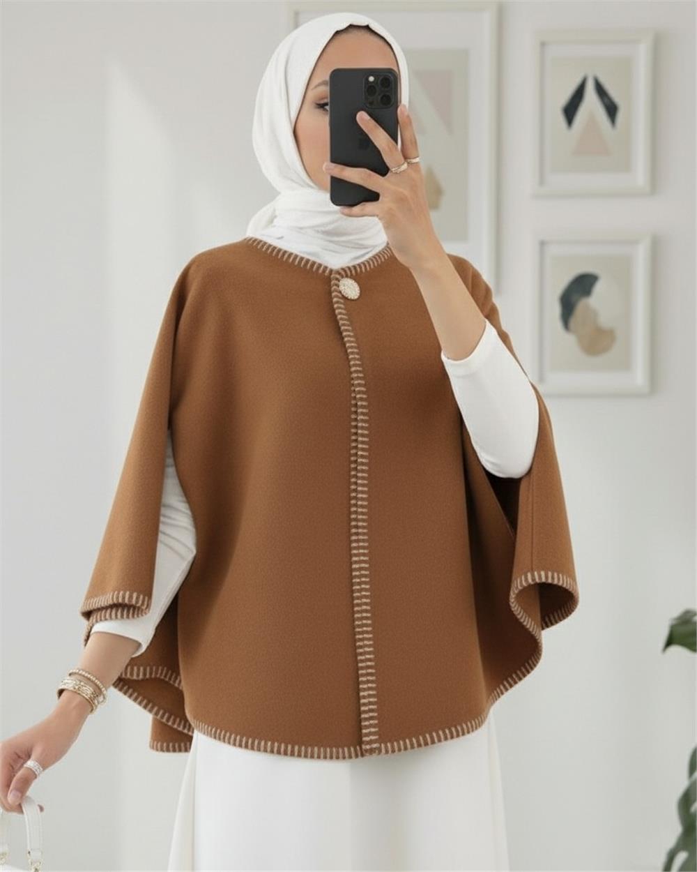 Çoban Dikişli Cepli Kaşe Panço -Açık Kahve-307-0018-R76