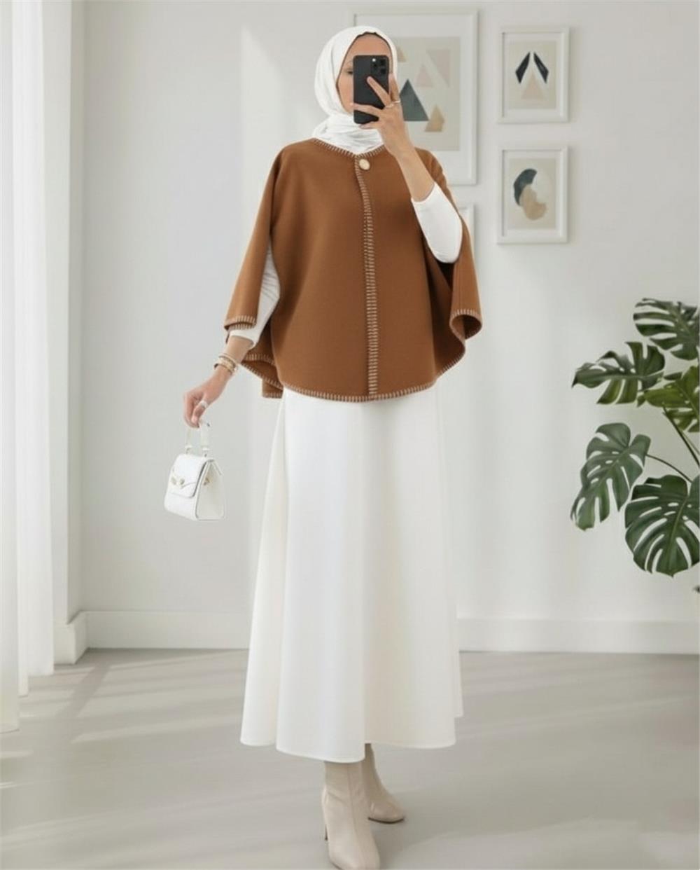 Çoban Dikişli Cepli Kaşe Panço -Açık Kahve-307-0018-R76