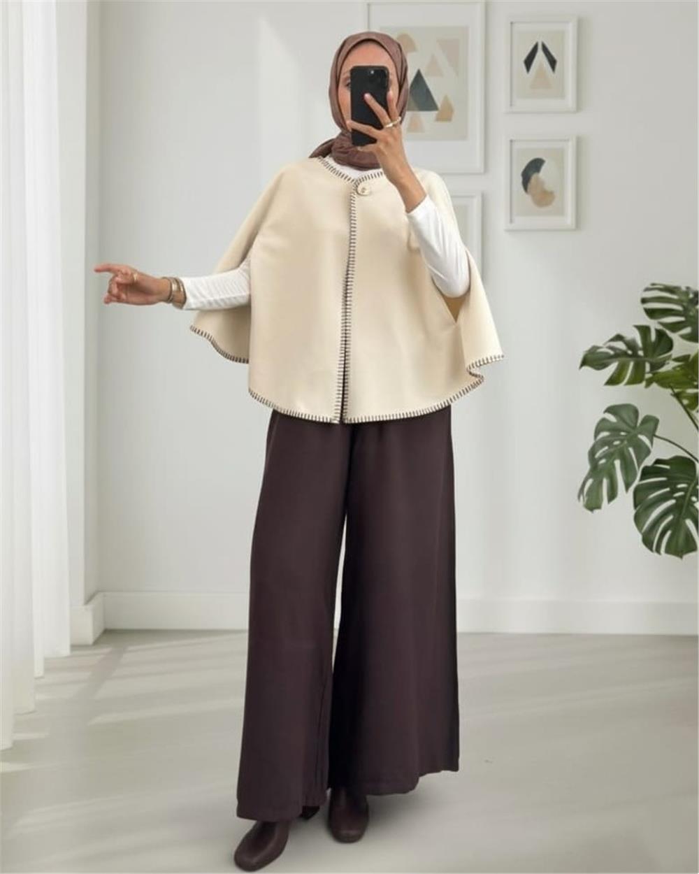Çoban Dikişli Cepli Kaşe Panço -Bej-307-0018-R56