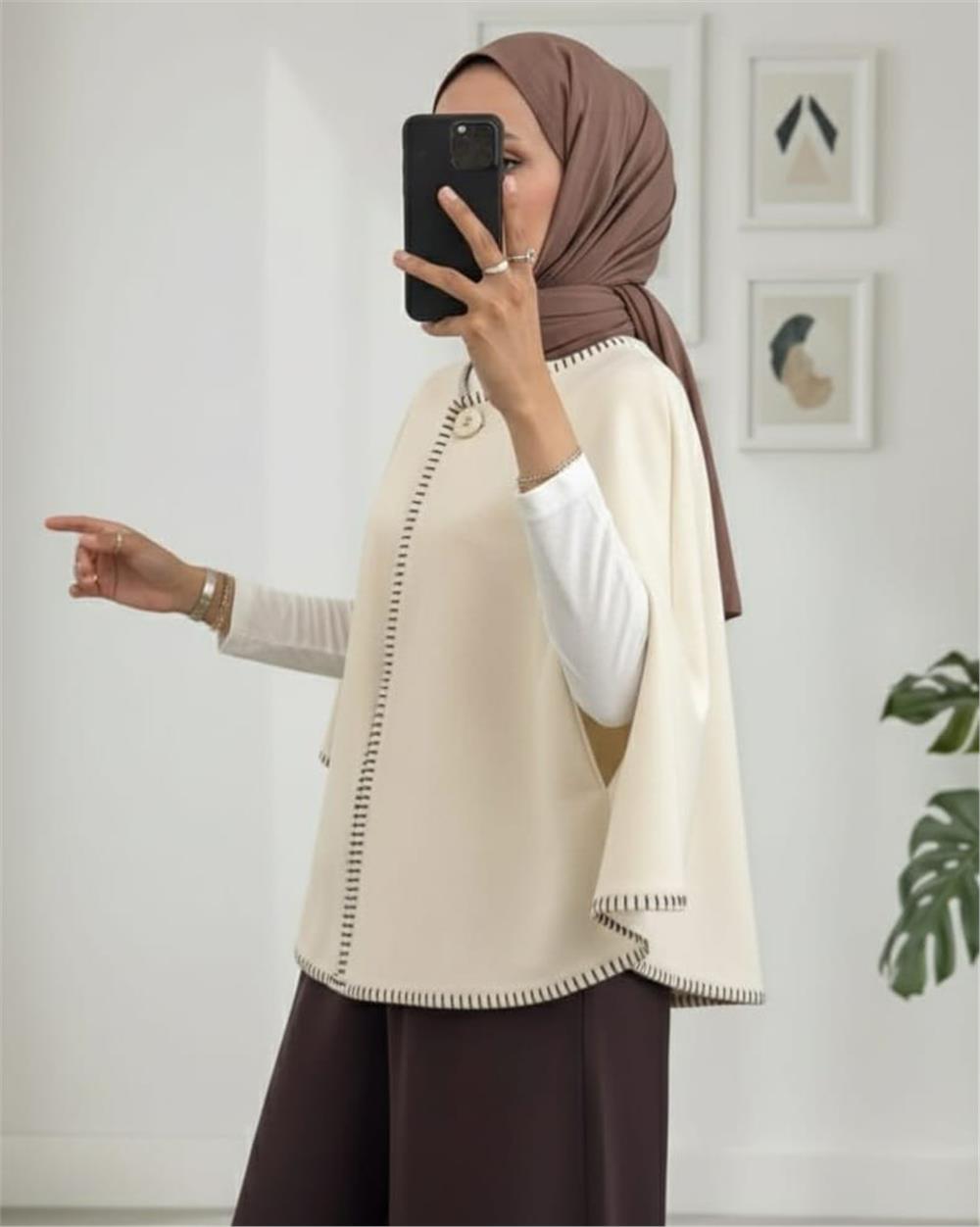 Çoban Dikişli Cepli Kaşe Panço -Bej-307-0018-R56