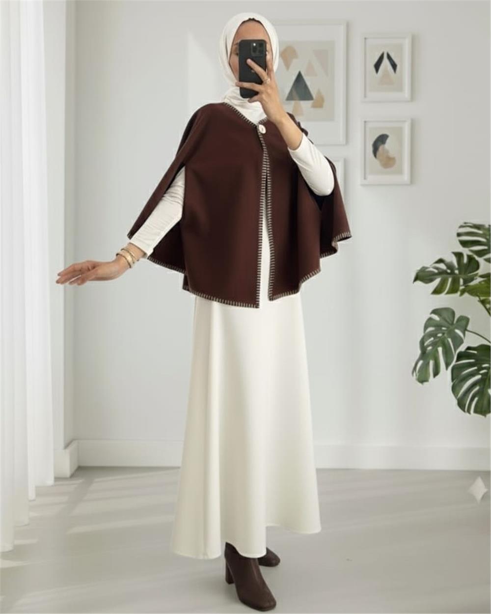 Çoban Dikişli Cepli Kaşe Panço -Kahve-307-0018-R15