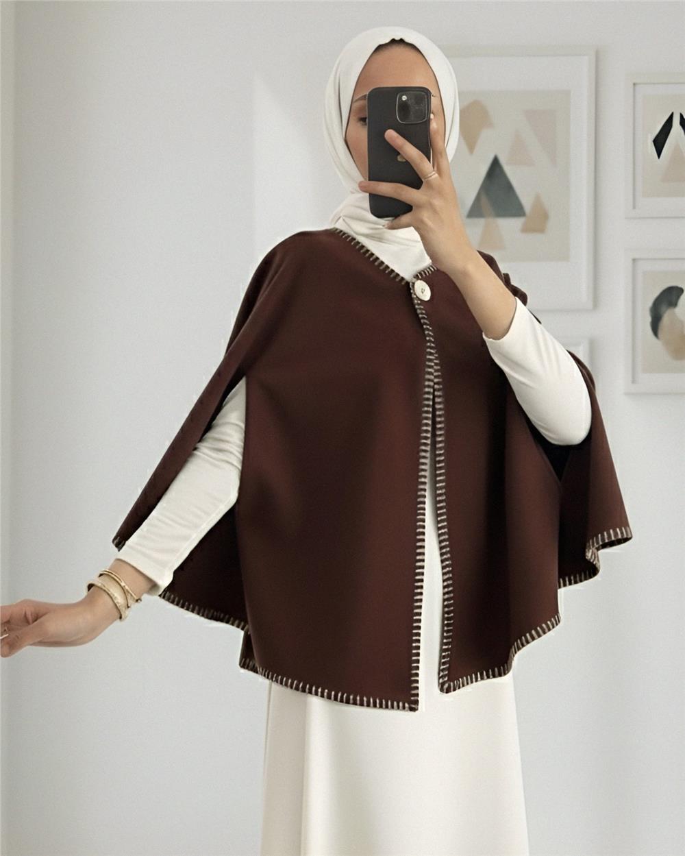 Çoban Dikişli Cepli Kaşe Panço -Kahve-307-0018-R15