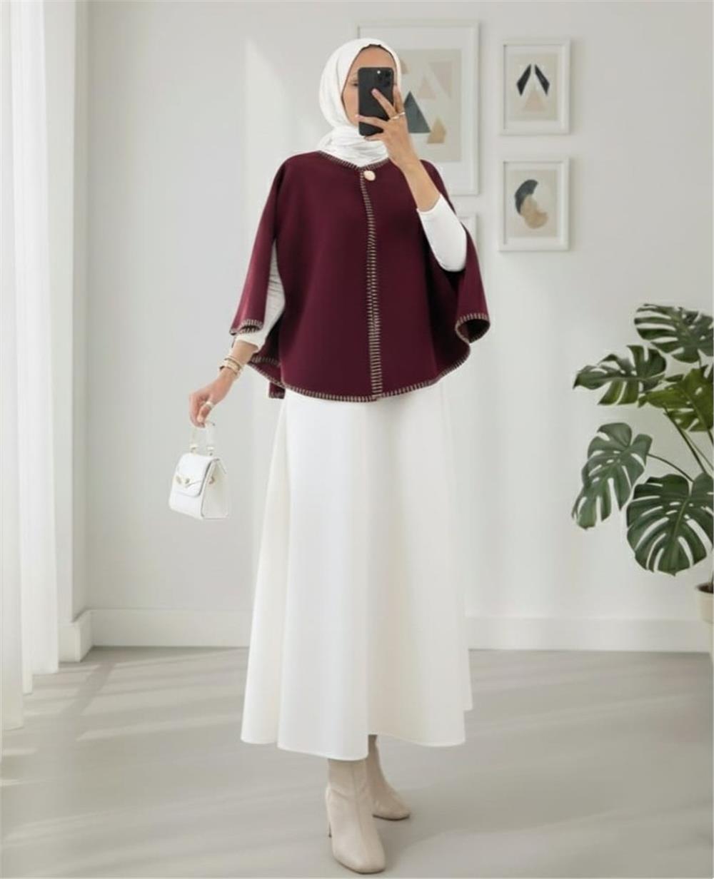 Çoban Dikişli Cepli Kaşe Panço -Mürdüm-307-0018-R09
