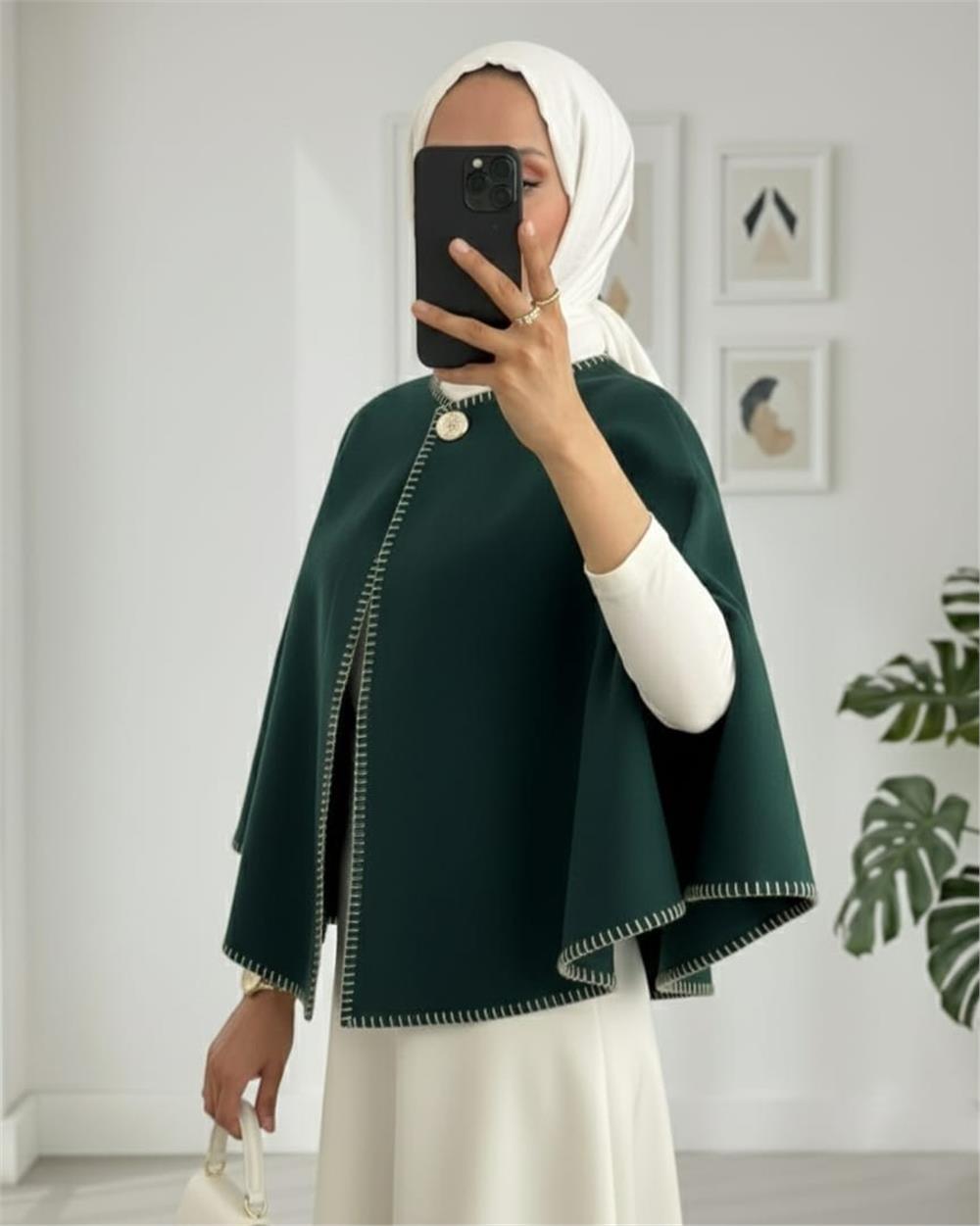 Çoban Dikişli Cepli Kaşe Panço -Zümrüt-307-0018-R17