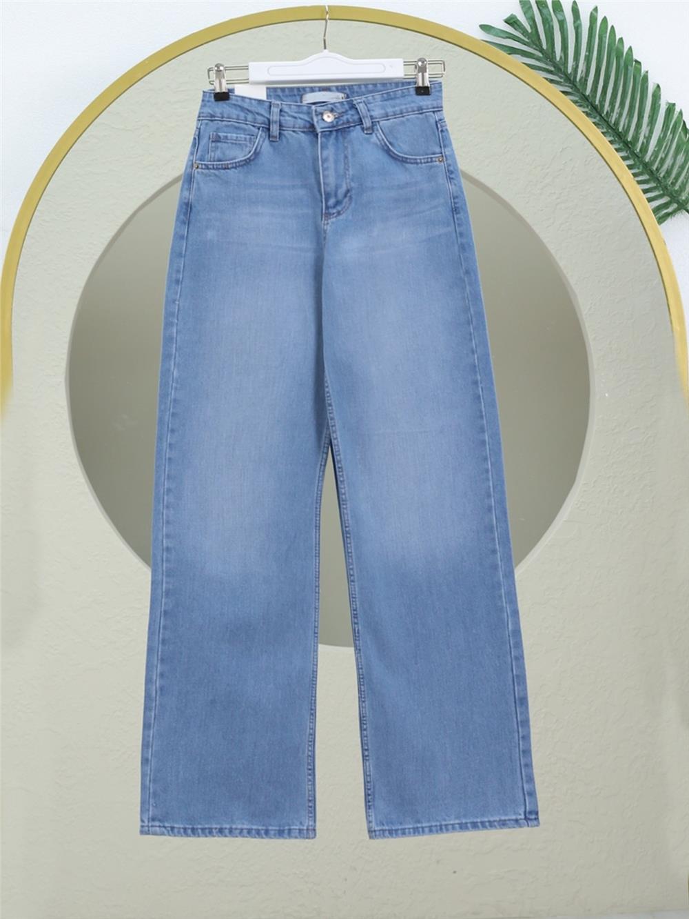 Çok Cepli Yüksek Bel Kot Pantolon  -Buz Mavi-136-0841-R37