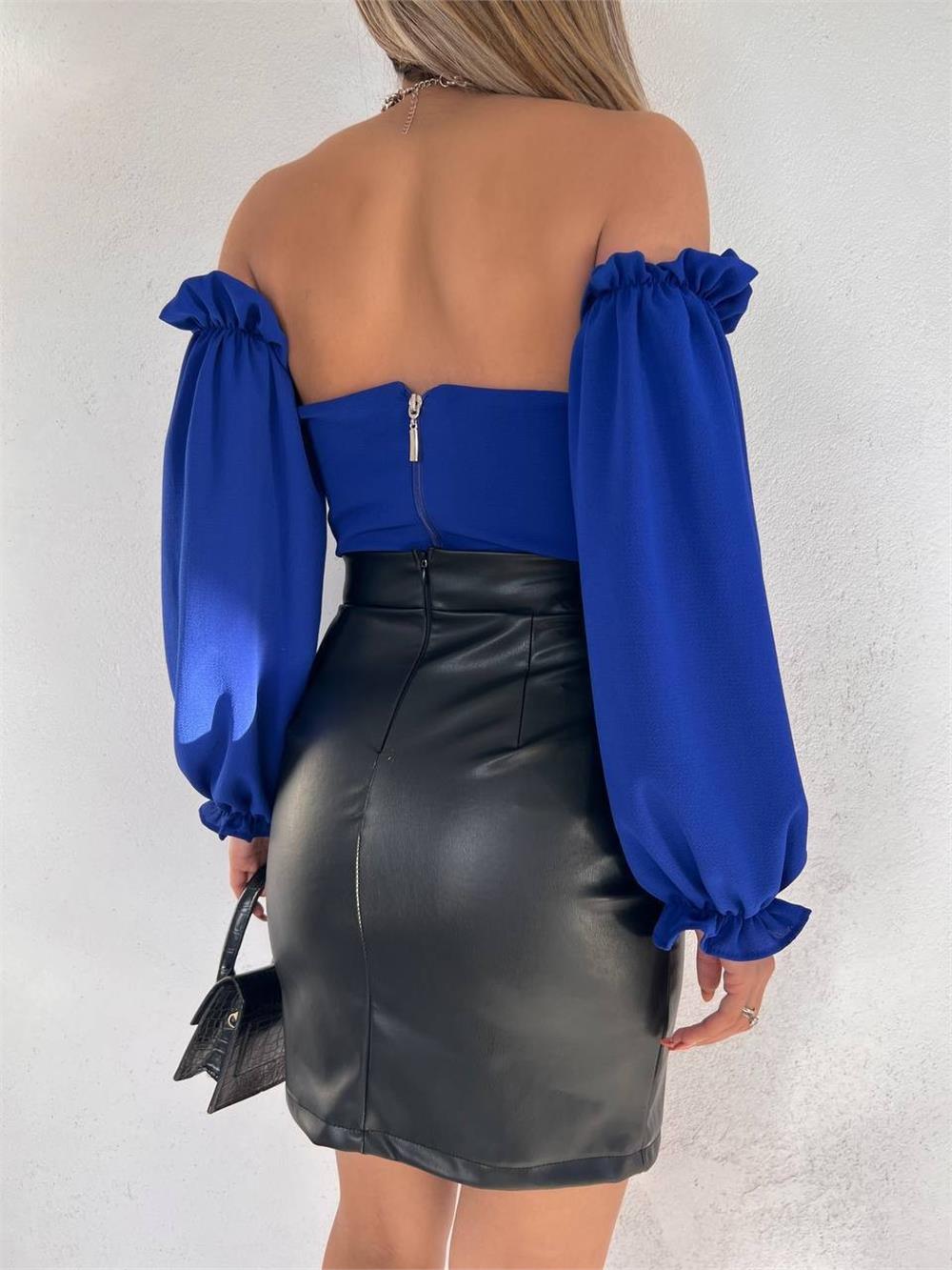 Lace Detailed Leather Skirt -Black-358-9960-R01