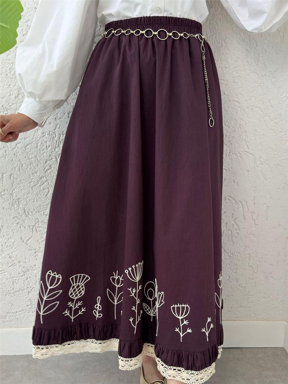 Dantel İşlemeli Beli Lastikli Etek -Mürdüm-307-2329-R09