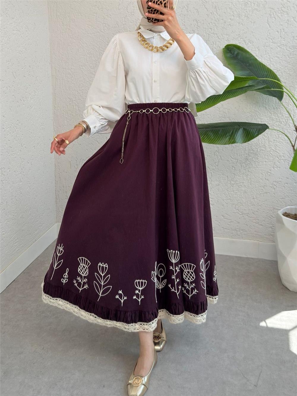 Dantel İşlemeli Beli Lastikli Etek -Mürdüm-307-2329-R09